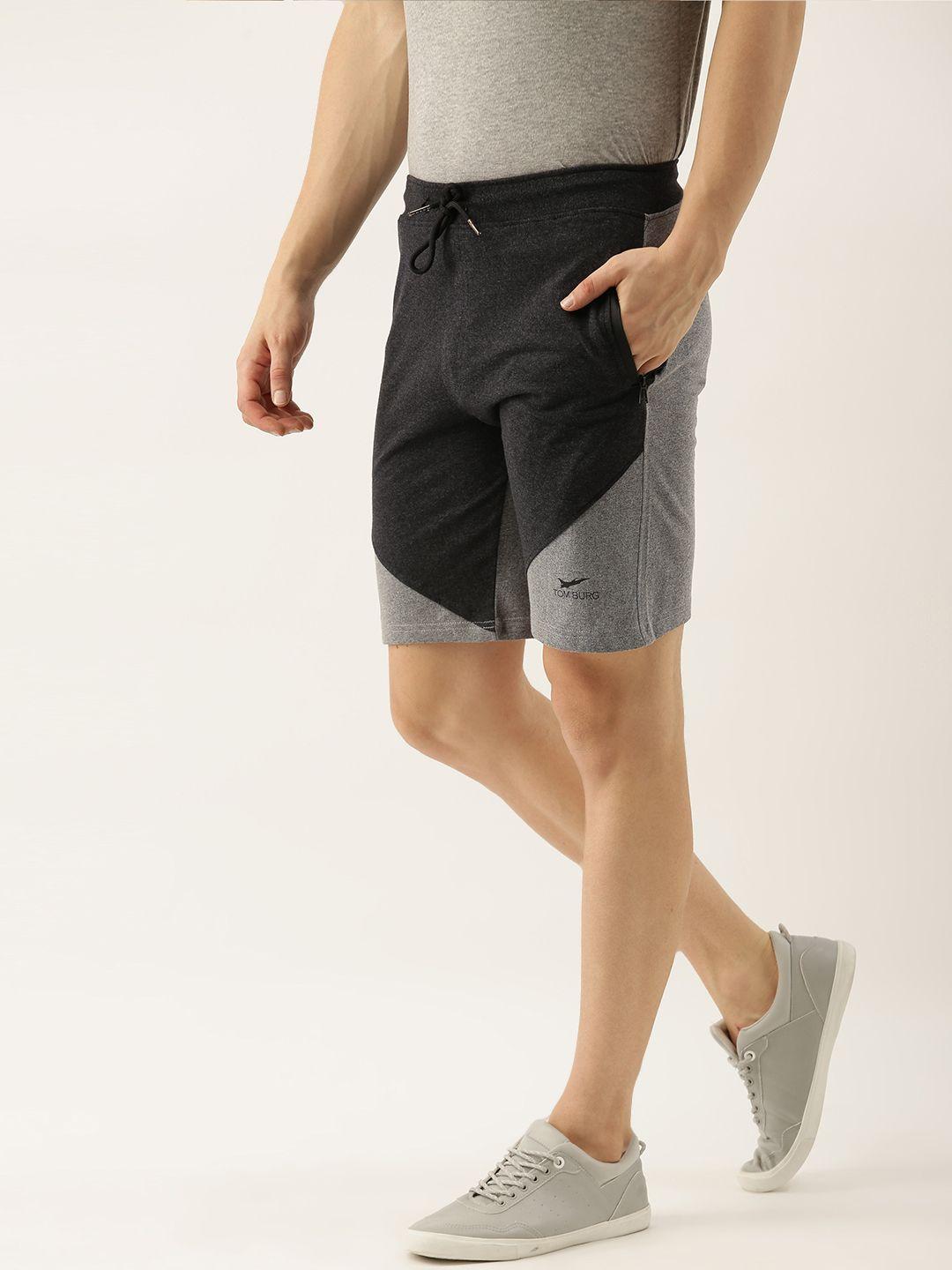 tom burg men black & grey colourblocked mid-rise regular shorts