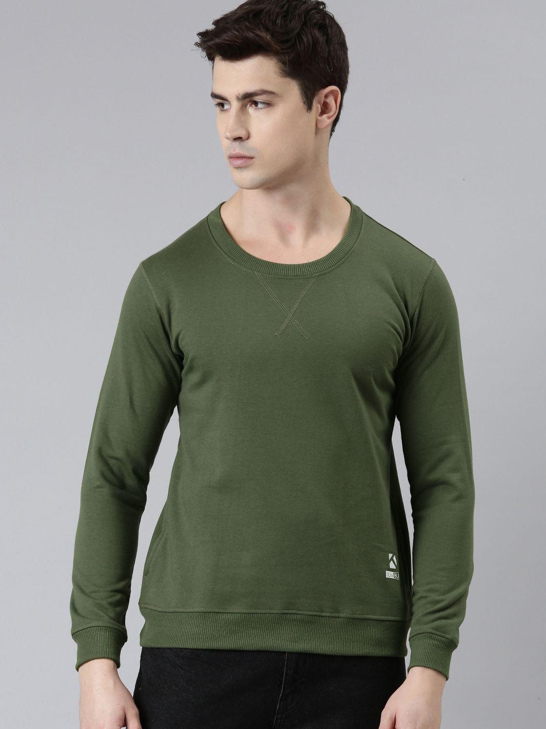 tom burg men olive green solid fleece sweatshirt