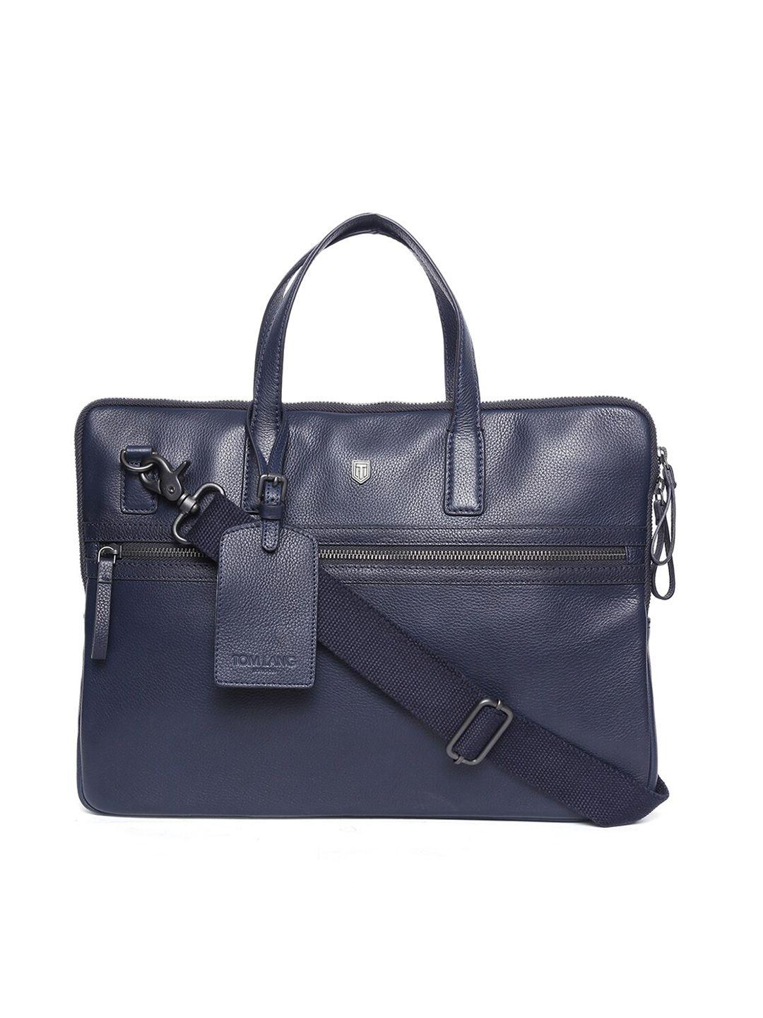 tom lang london unisex navy blue textured leather laptop bag