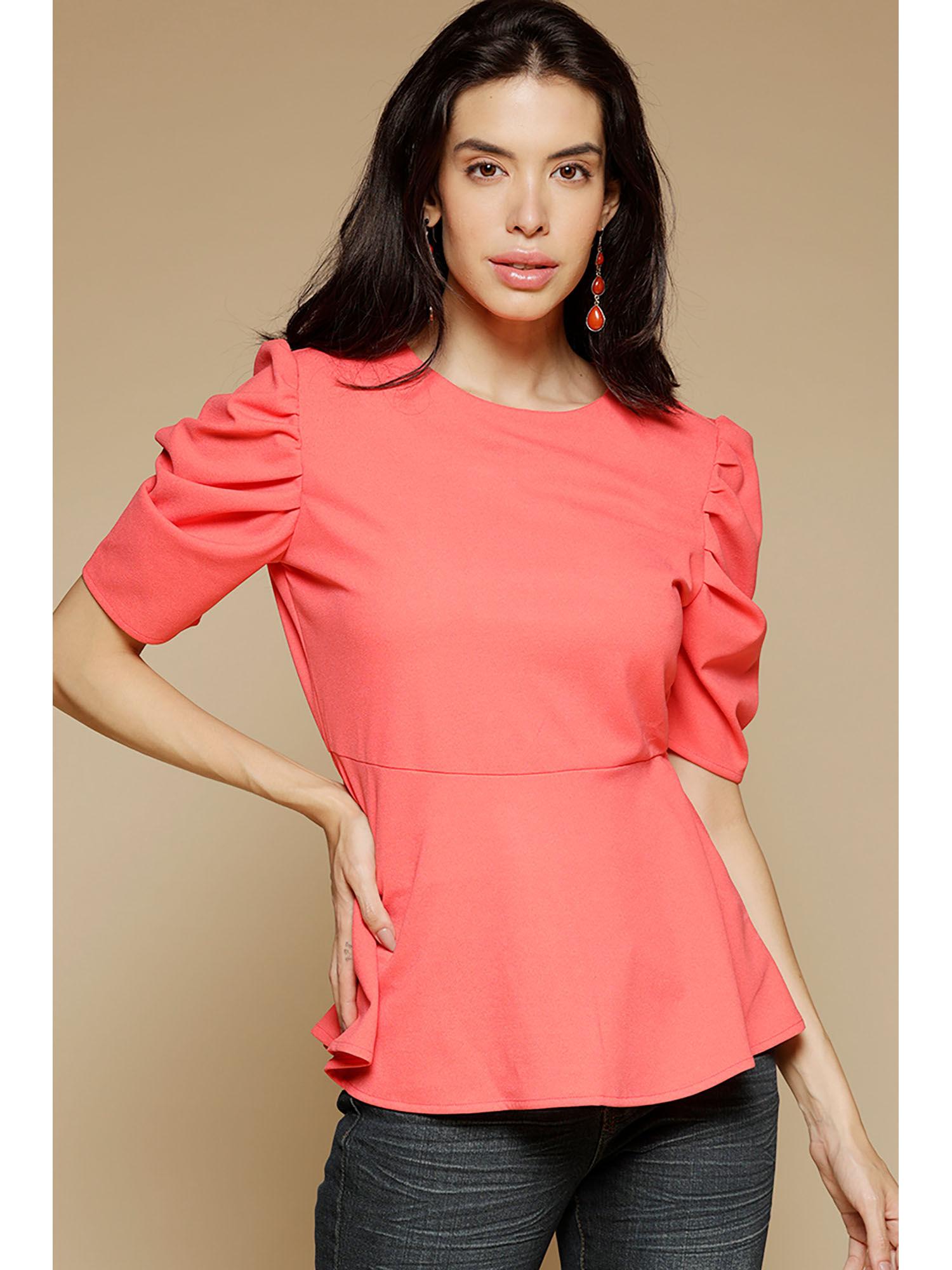 tomato medium length round neck short sleeves poly crepe top