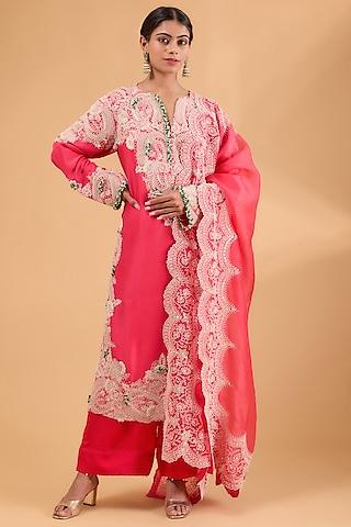 tomato pink dupion silver work long kurta set