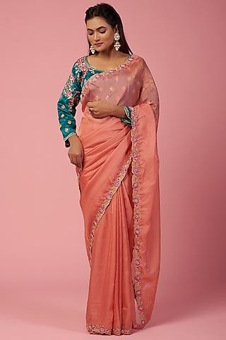 tomato pink embroidered saree set