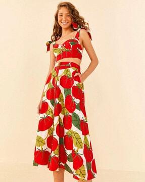 tomato print a-line midi skirt