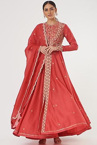 tomato red chanderi anarkali set