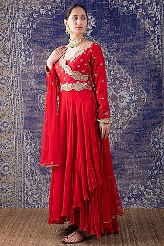 tomato red embroidered anarkali with dupatta