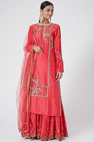 tomato red hand embroidered gharara set