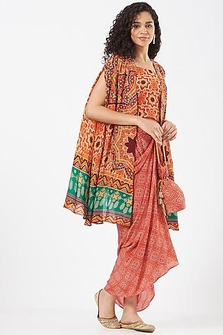 tomato red printed cape set