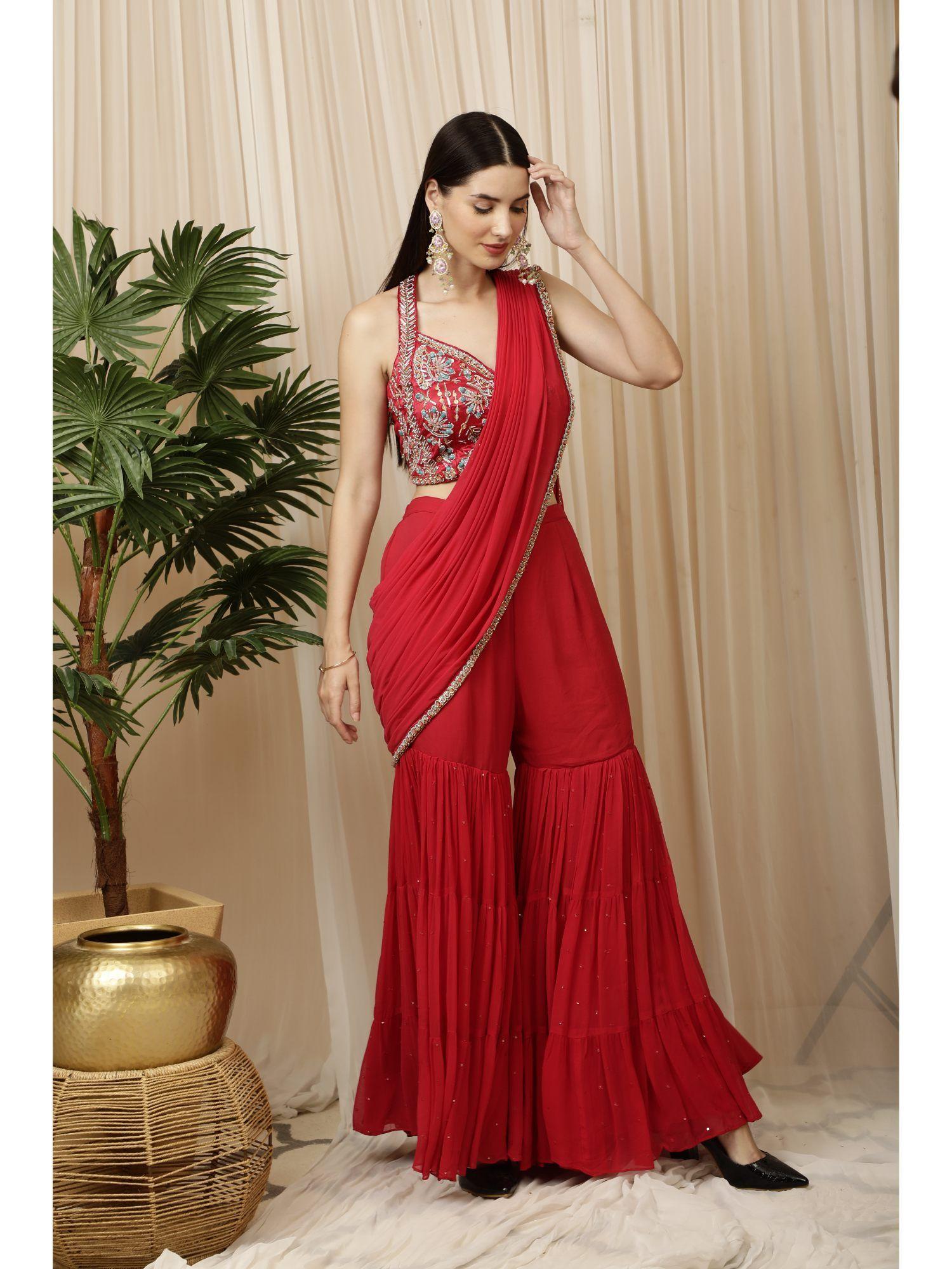 tomato red sequined crop top with sharara saree