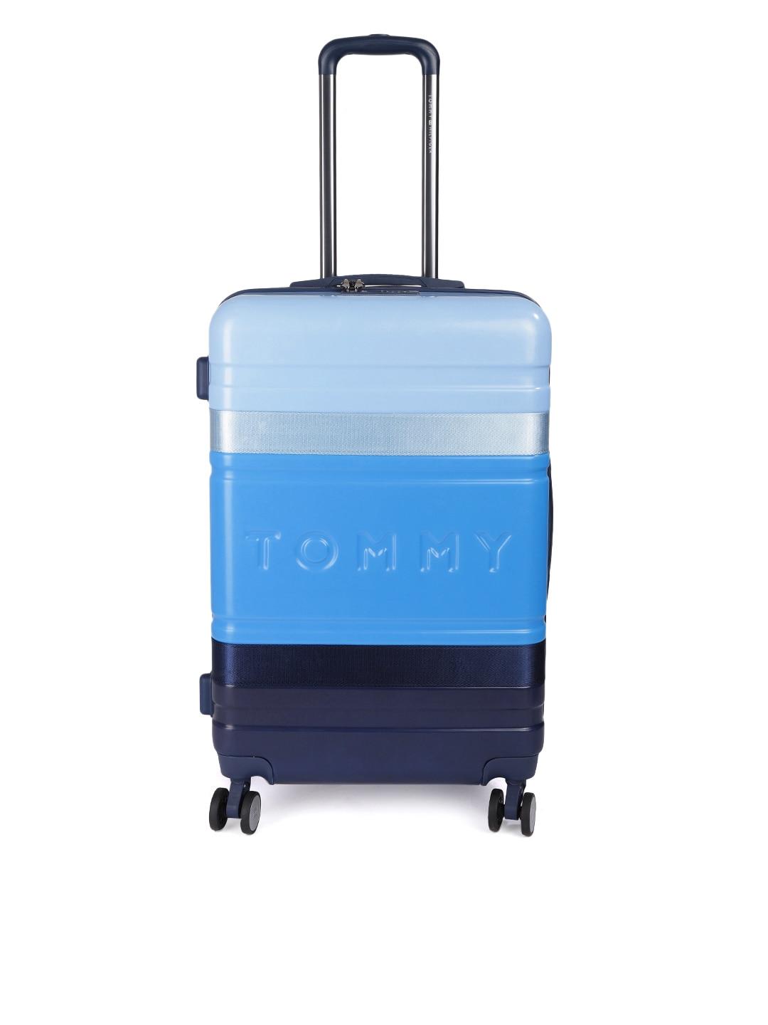 tommy hilfiger blue 4 wheels 360-degree rotation medium hard trolley bag