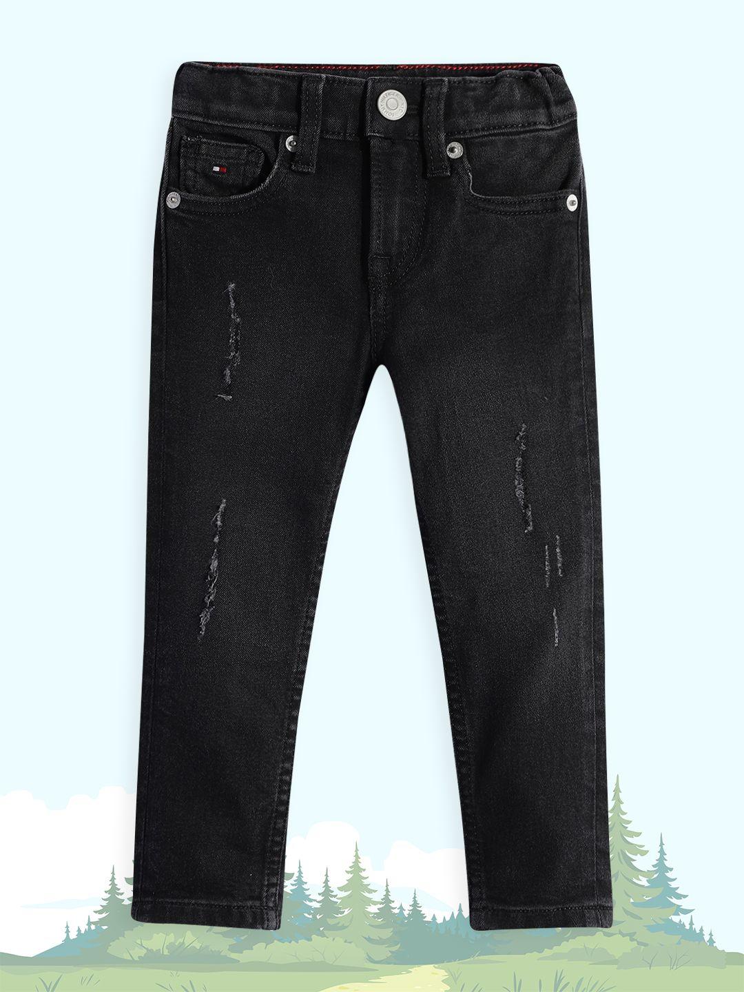 tommy hilfiger boys black scanton slim fit low distress light fade stretchable jeans