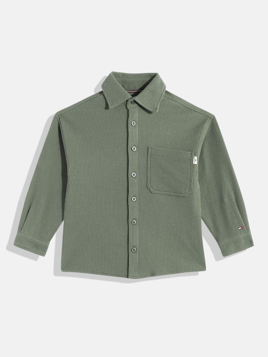 tommy hilfiger boys green solid pure cotton casual shirt