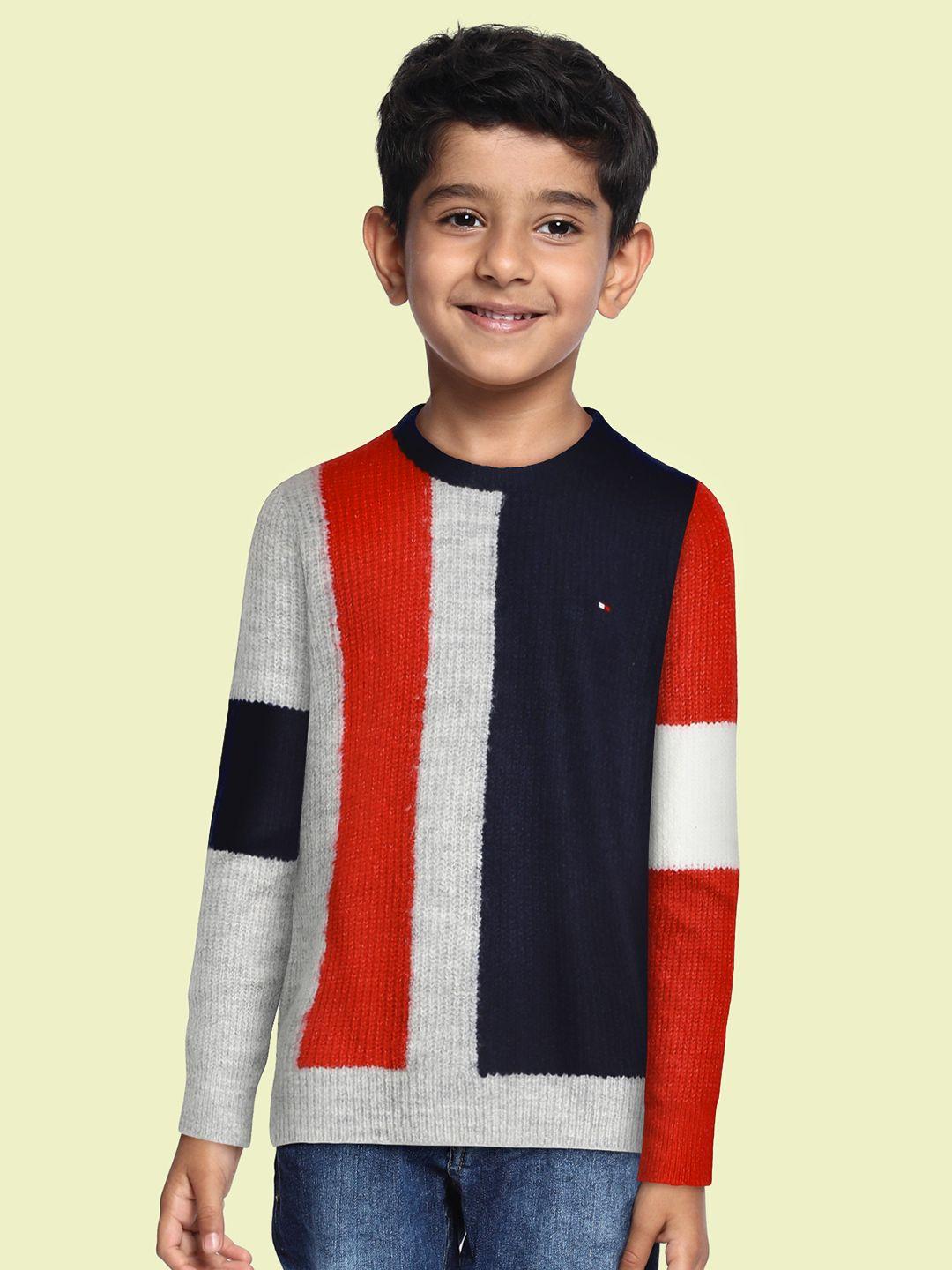 tommy hilfiger boys grey & red striped pullover