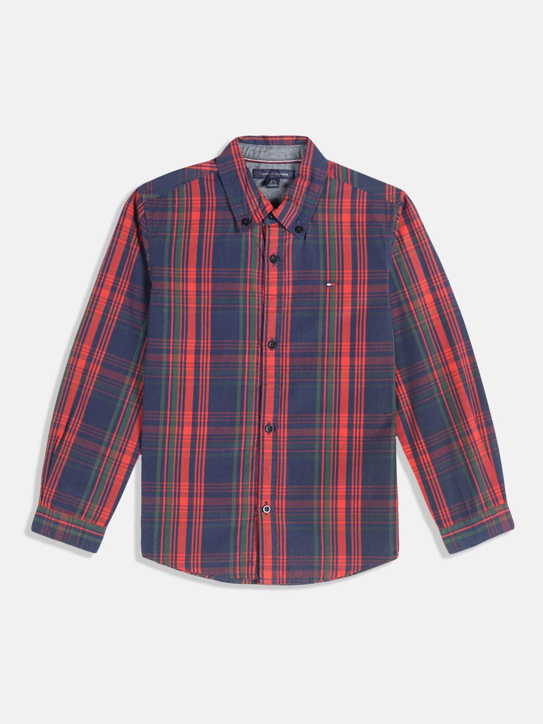 tommy hilfiger boys red & navy blue tartan checks pure cotton casual shirt