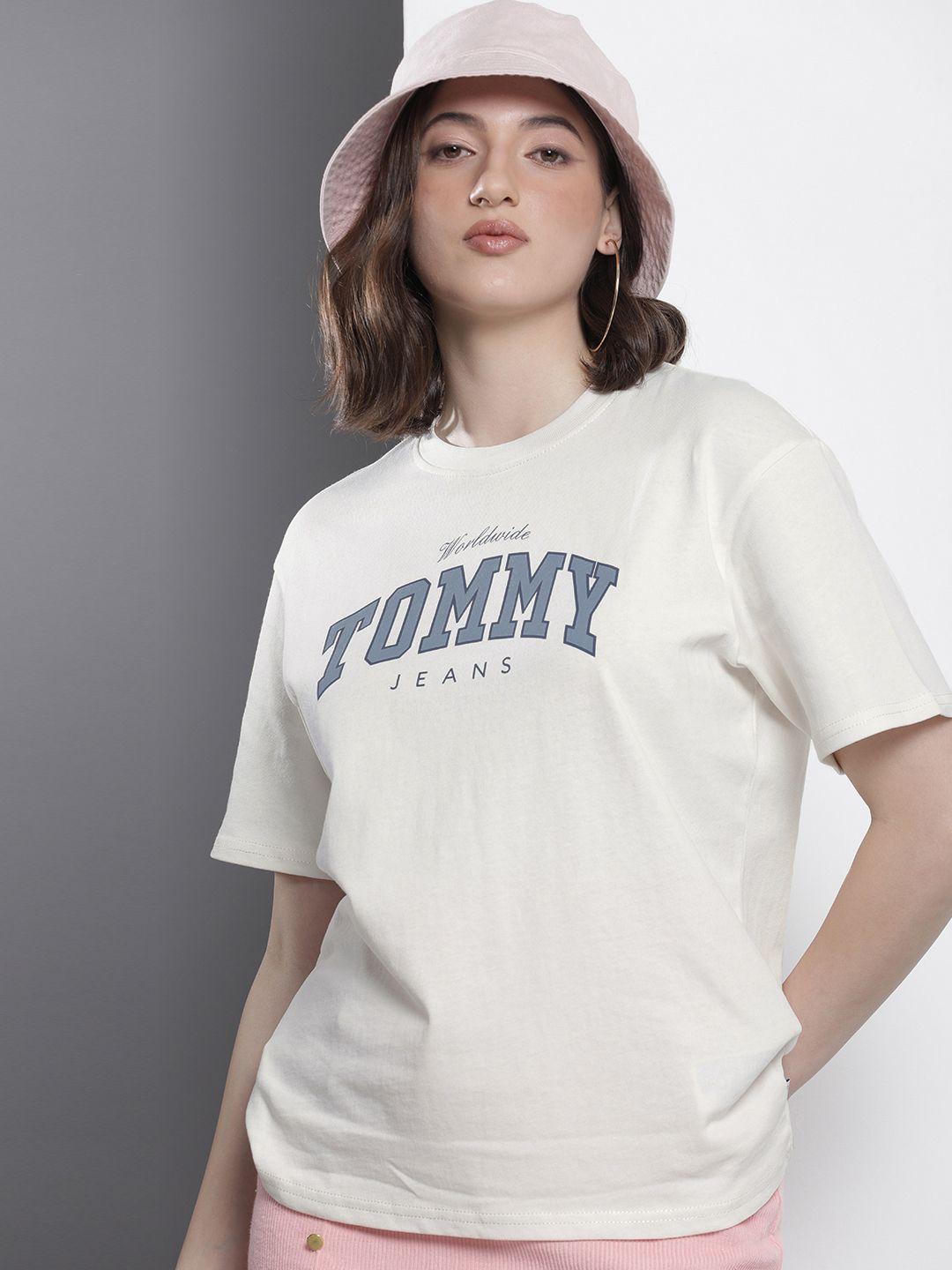 tommy hilfiger brand logo printed drop-shoulder sleeves pure cotton t-shirt