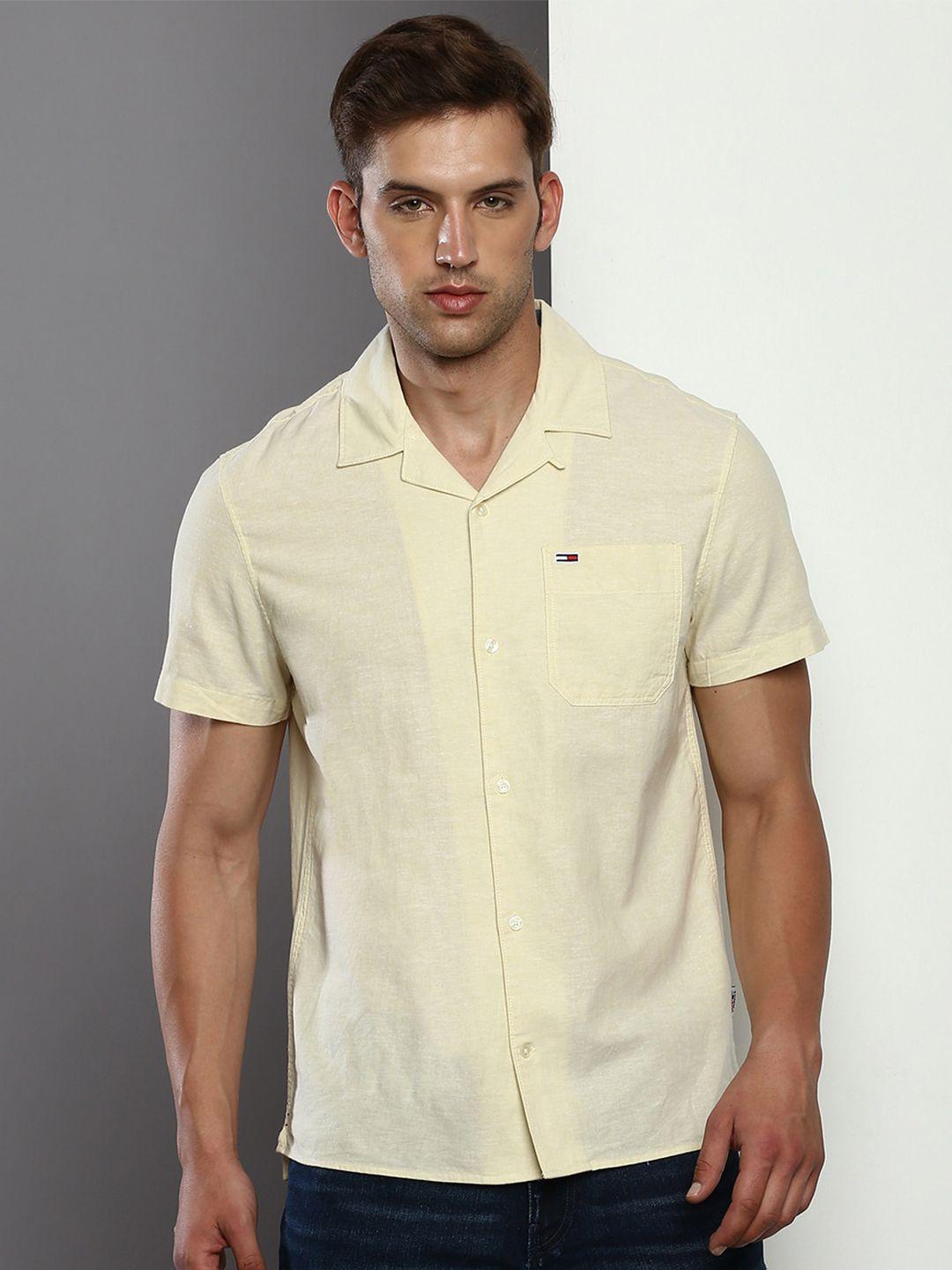 tommy hilfiger cuban collar short sleeves cotton linen casual shirt