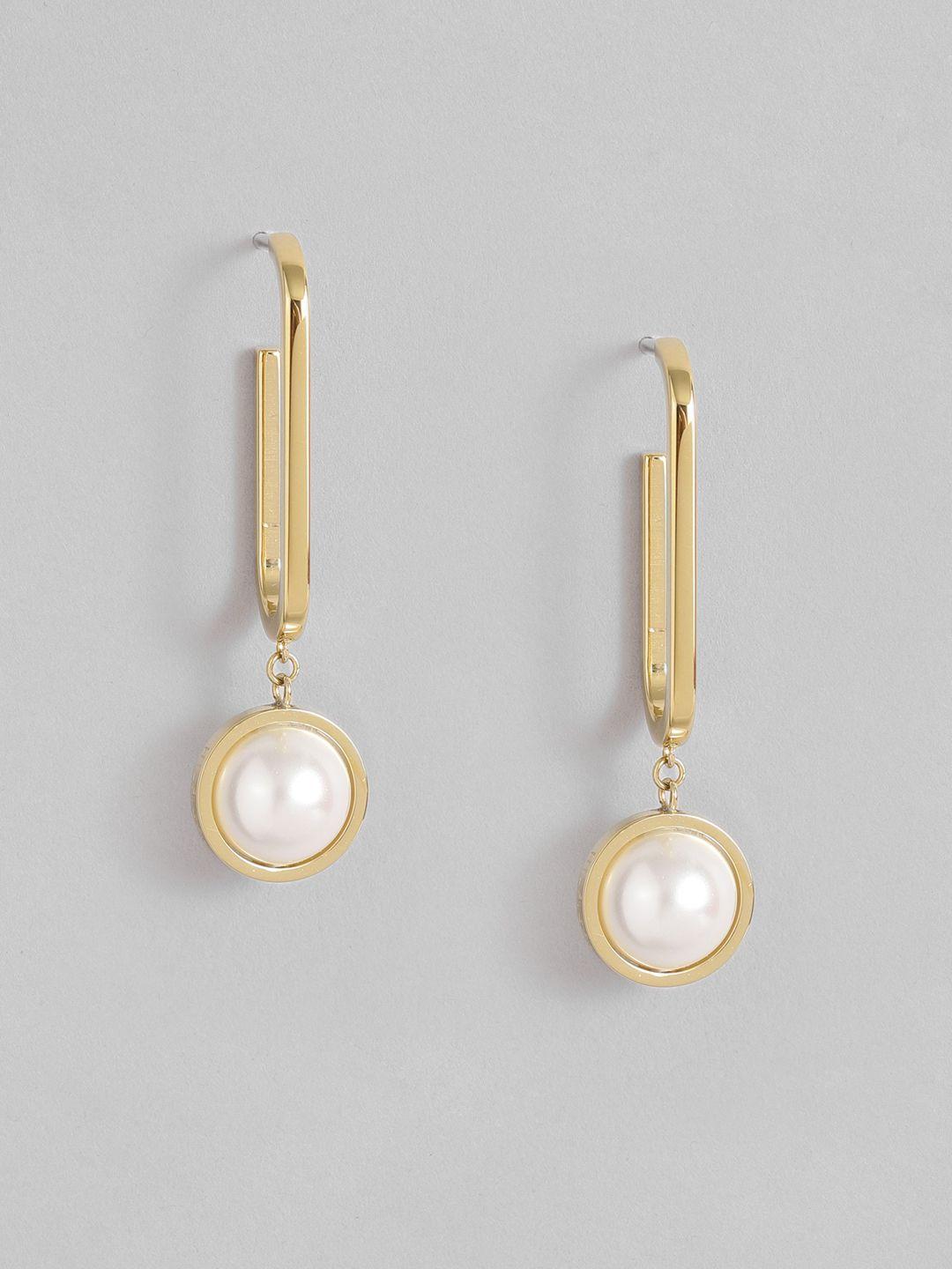 tommy hilfiger gold plated pearl beaded stainless steel geometric drop earrings