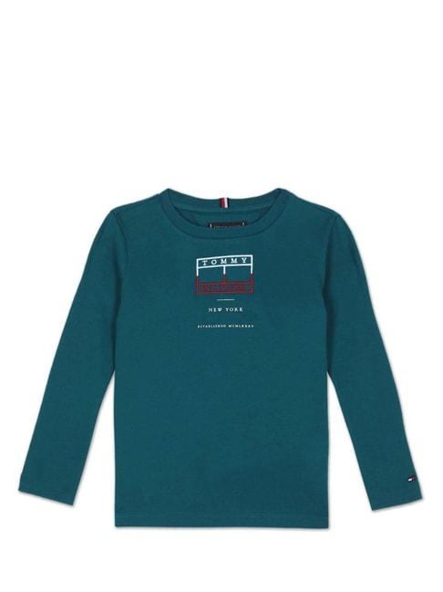 tommy hilfiger kids petrol cotton embossed full sleeves t-shirt