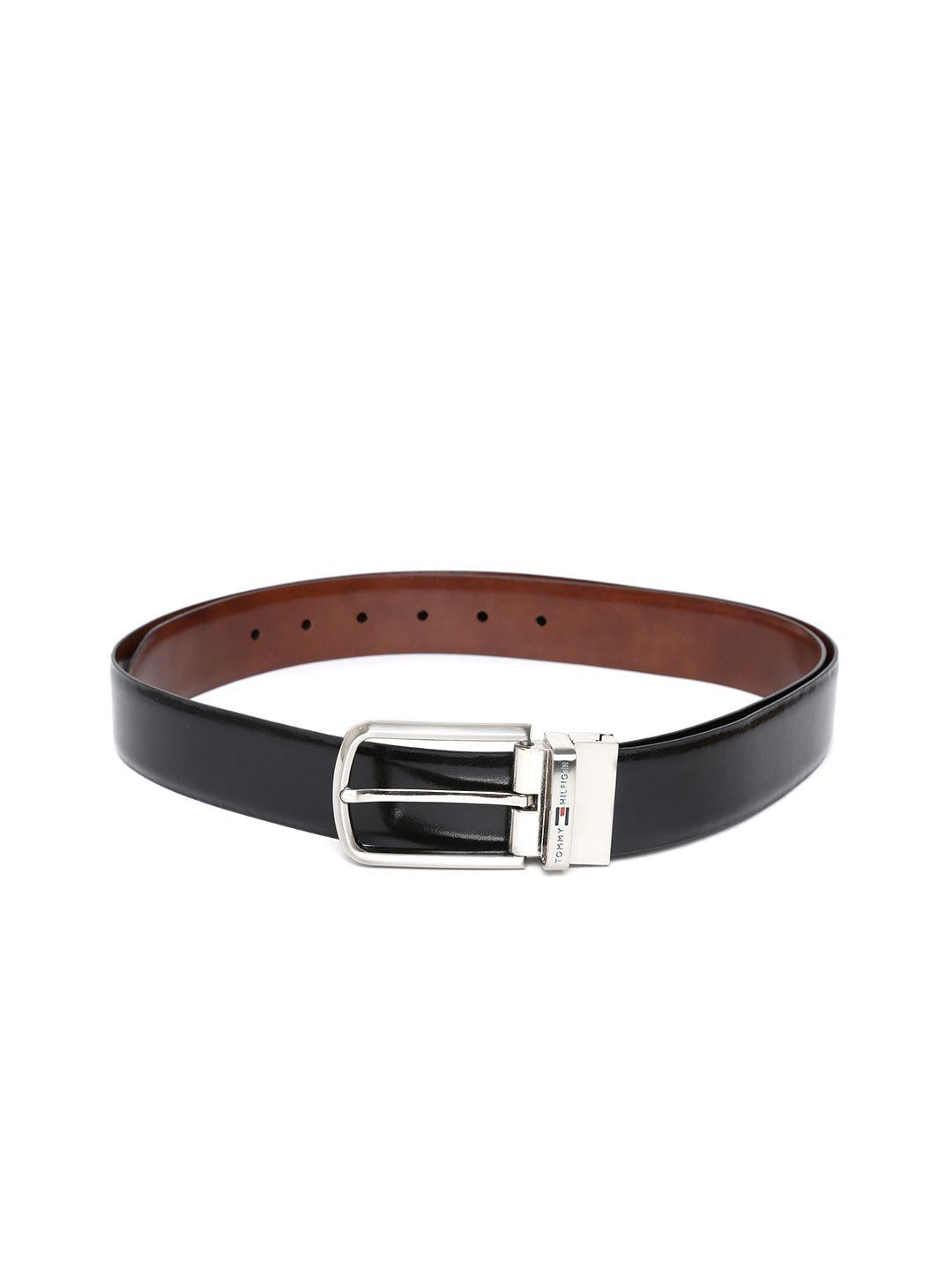 tommy hilfiger men black & brown leather solid reversible belt
