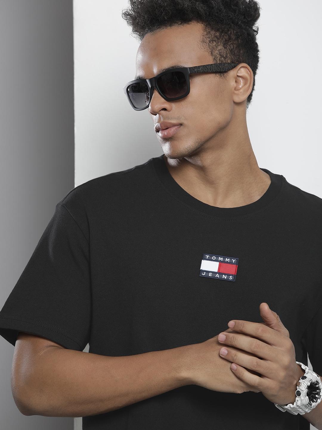 tommy hilfiger men black brand logo applique pure cotton casual t-shirt