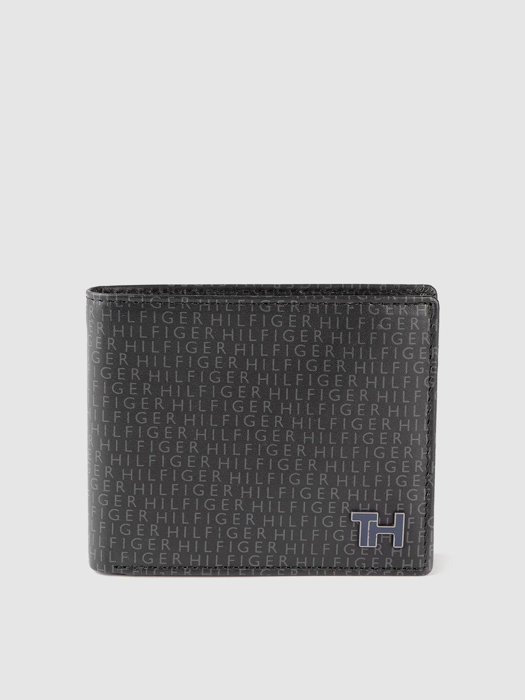 tommy hilfiger men black brand logo printed leather two fold wallet