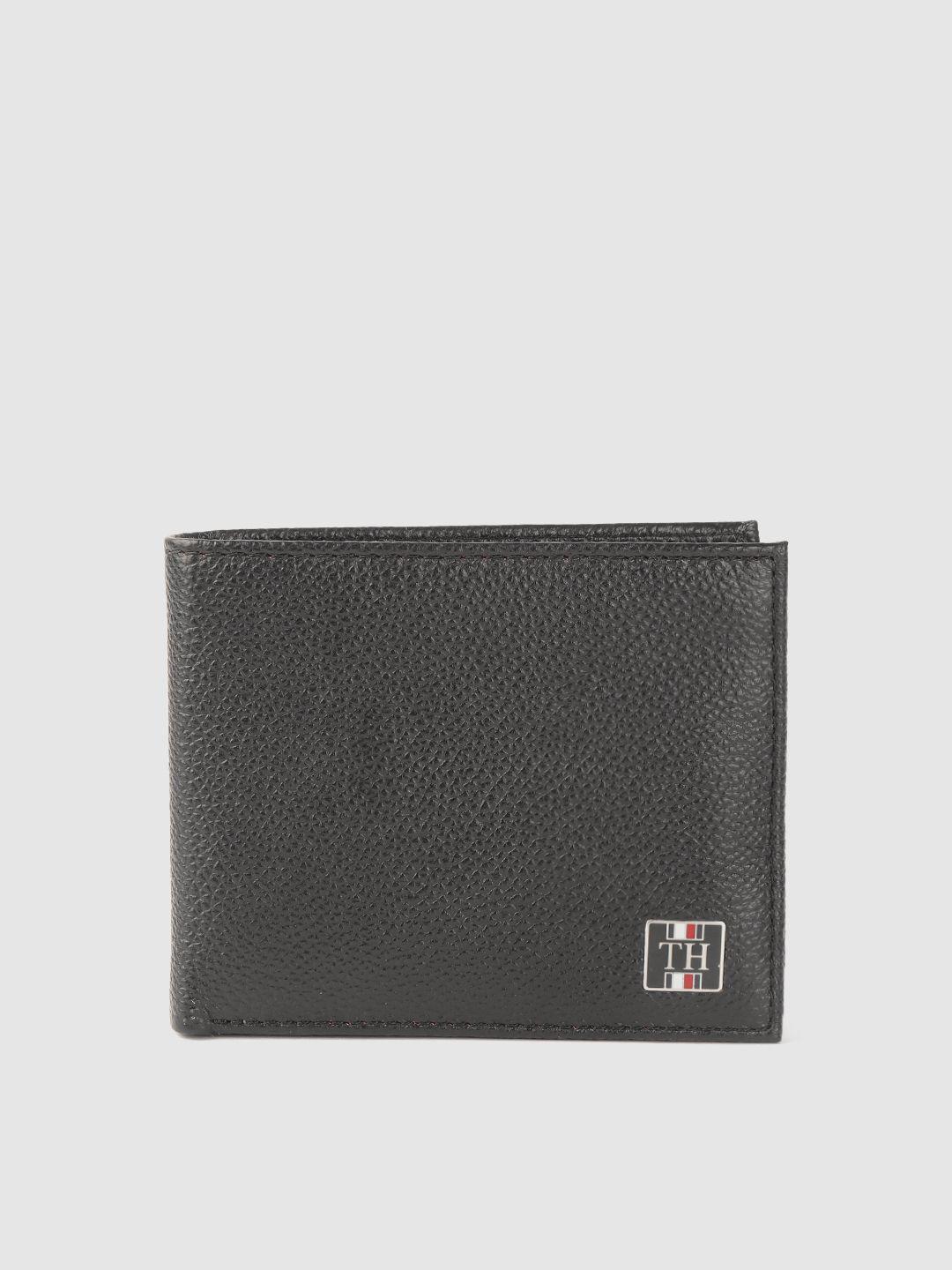 tommy hilfiger men black textured leather two fold wallet