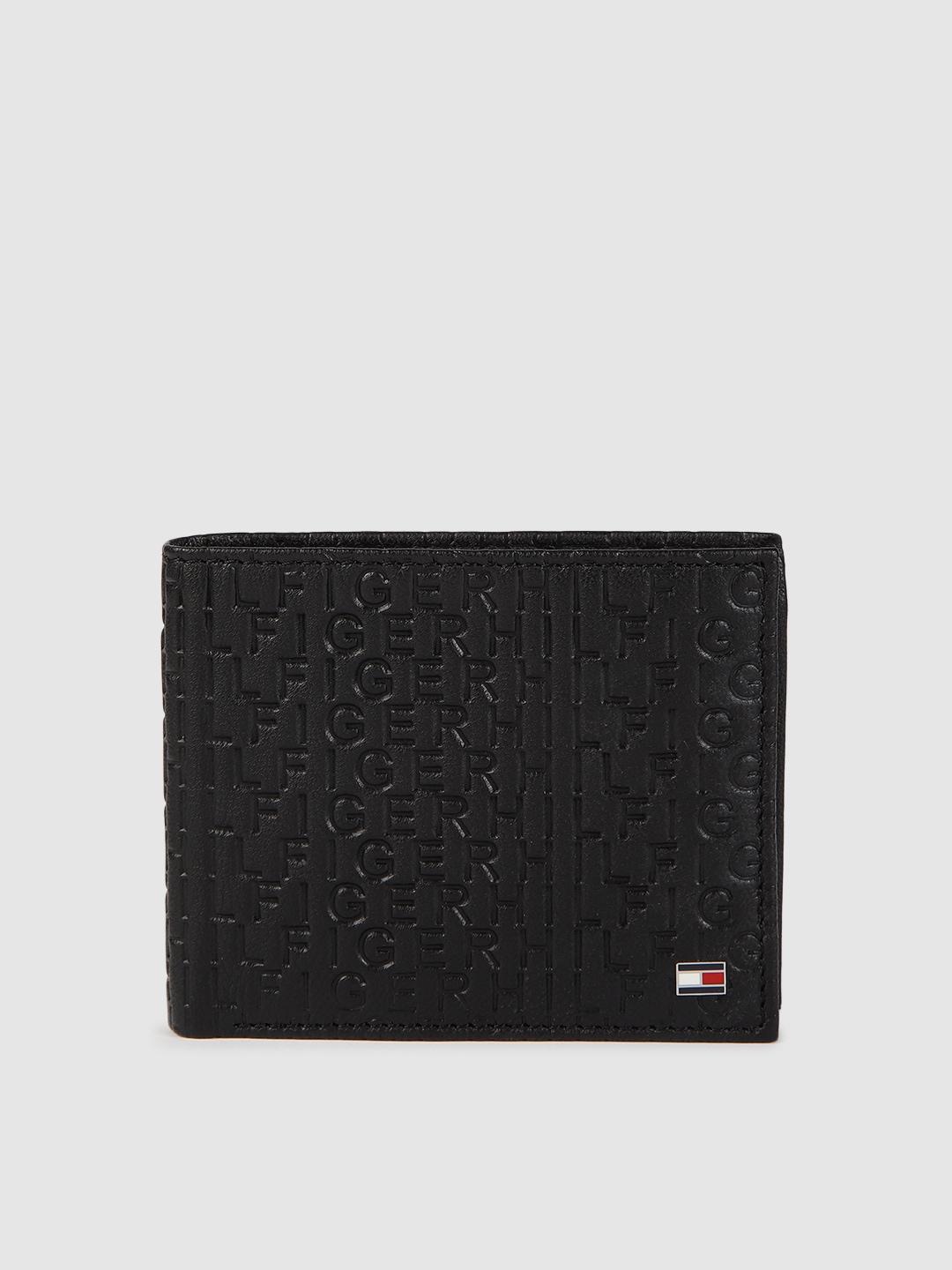 tommy hilfiger men black typography textured leather two fold wallet
