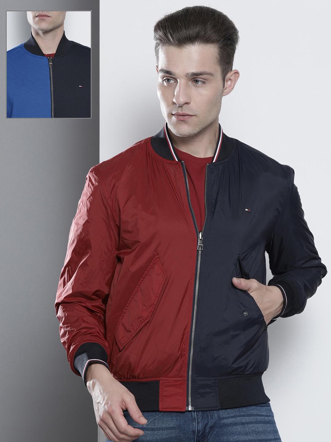 tommy hilfiger men blue and red colourblocked reversible bomber jacket