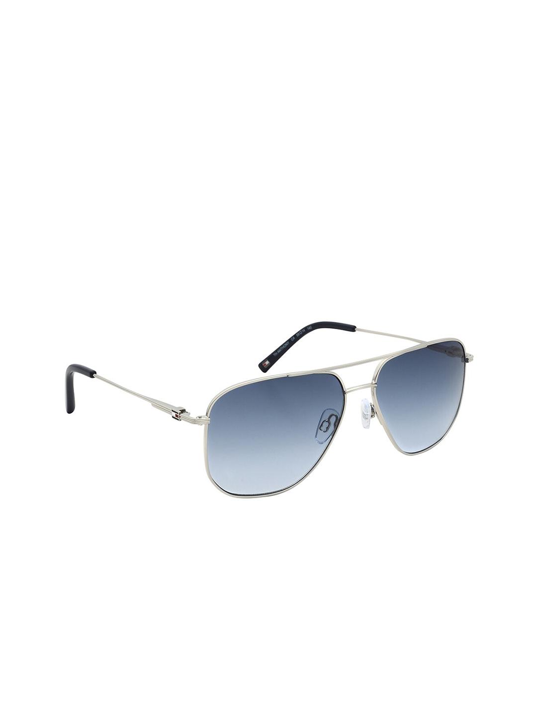 tommy hilfiger men blue lens & silver-toned square uv protected lens sunglasses