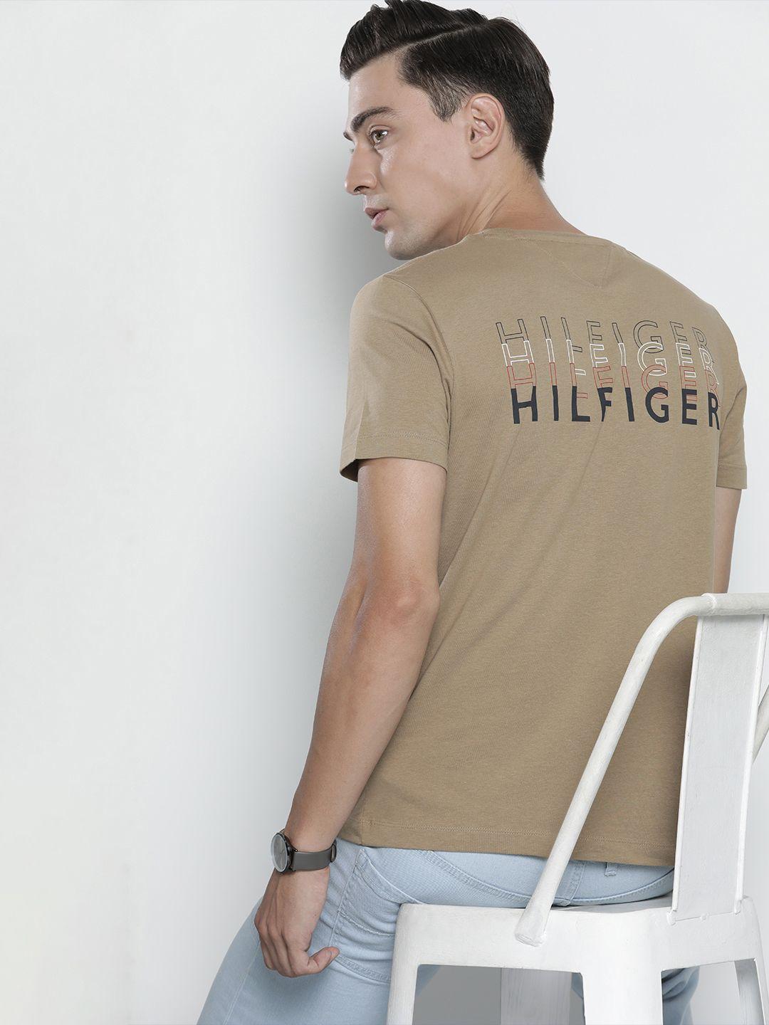 tommy hilfiger men brown brand logo printed pure cotton t-shirt
