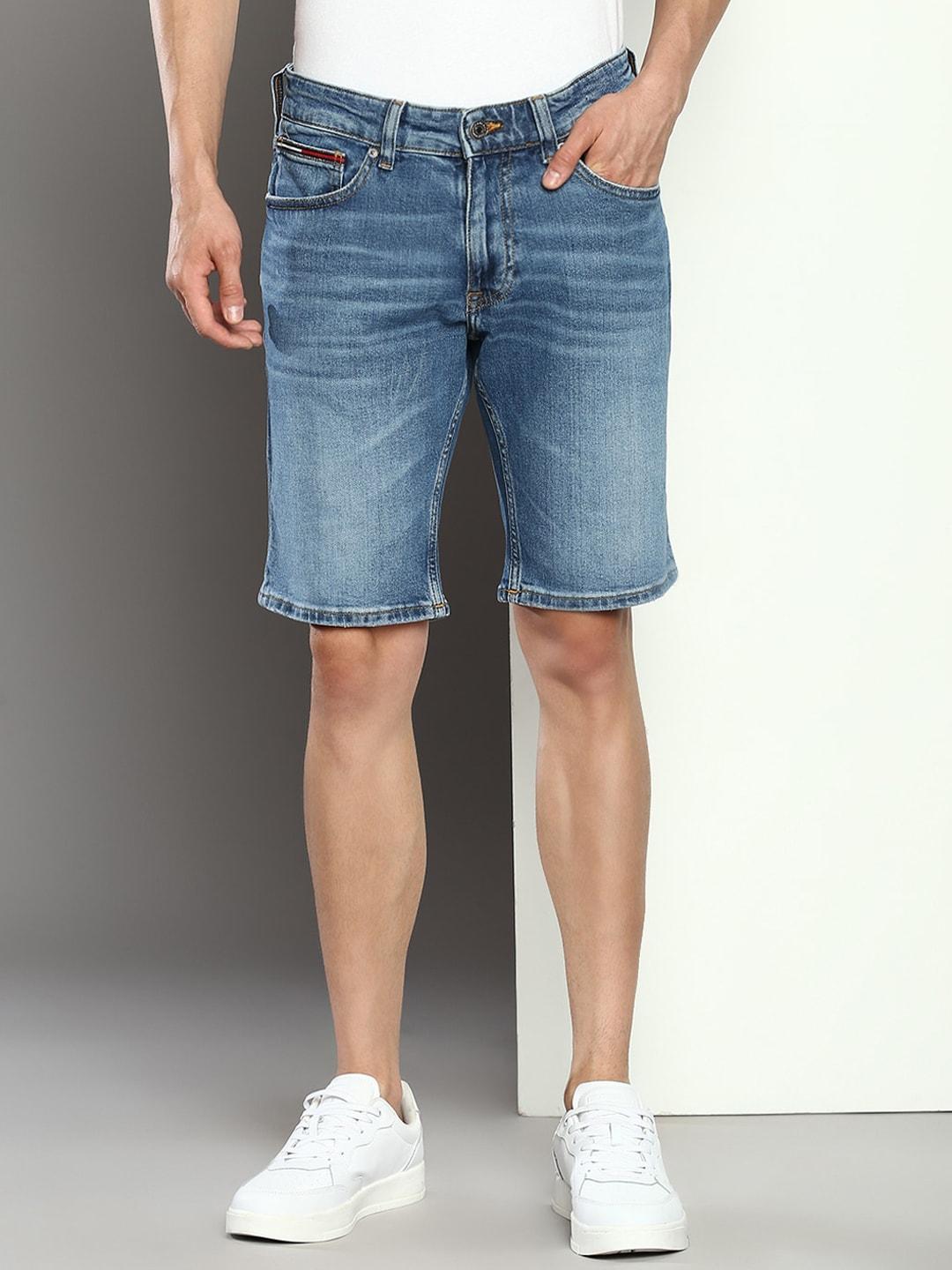tommy hilfiger men mid-rise slim fit washed denim shorts