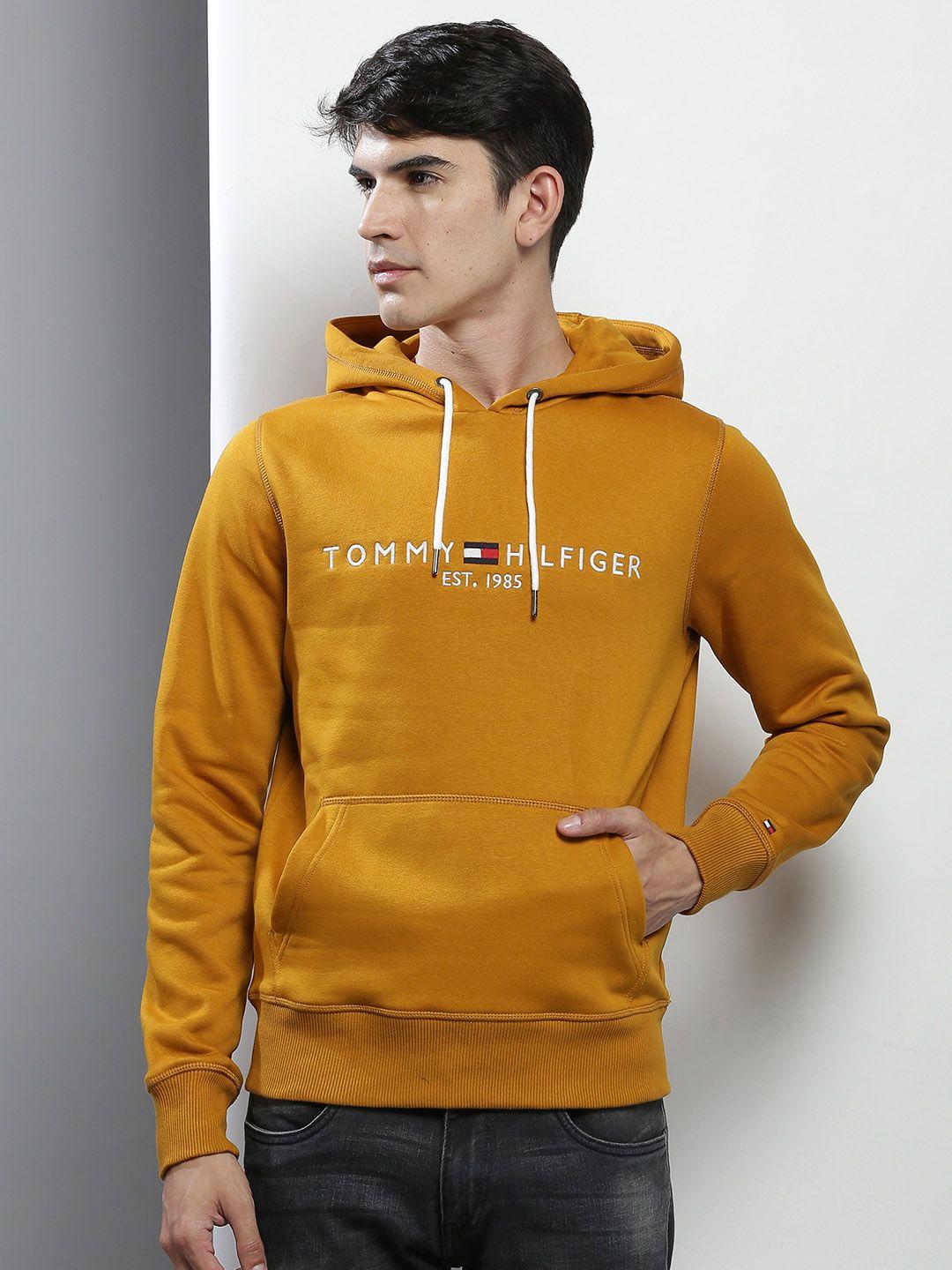 tommy hilfiger men mustard yellow brand logo embroidered hooded sweatshirt