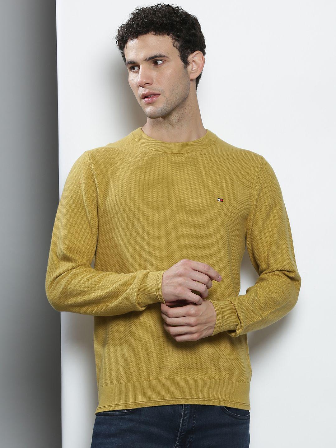 tommy hilfiger men mustard yellow solid cotton pullover