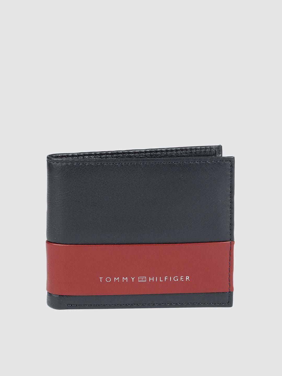 tommy hilfiger men navy blue & red colourblocked leather two fold wallet