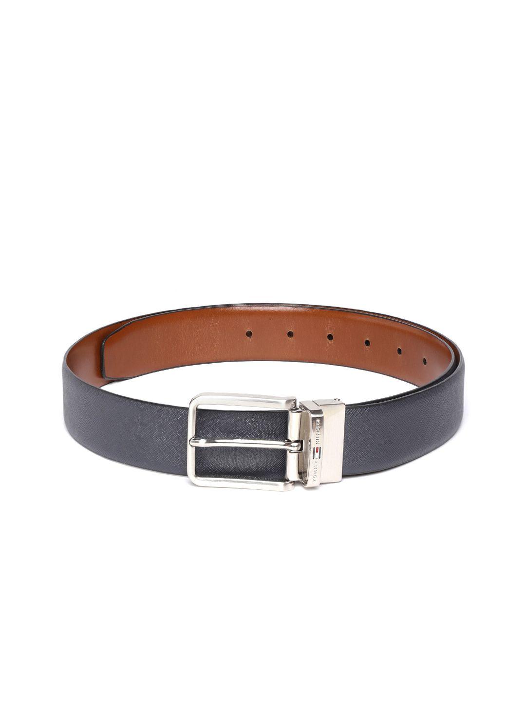 tommy hilfiger men navy blue & tan brown solid reversible leather belt