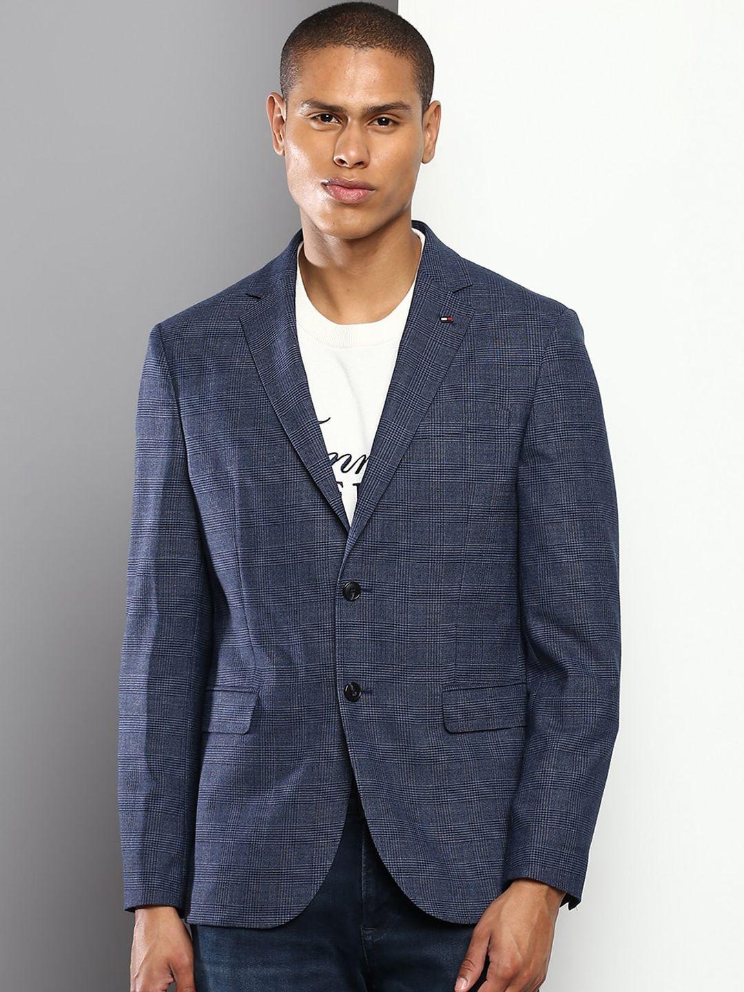 tommy hilfiger men navy blue checked single breasted blazers