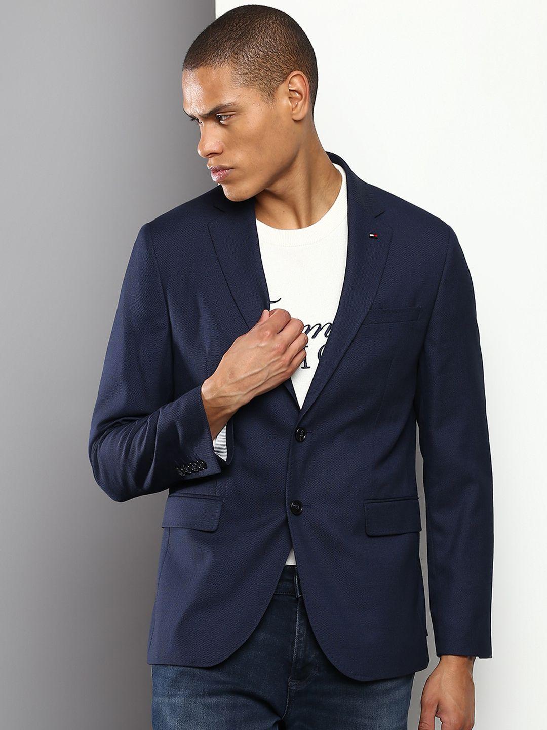 tommy hilfiger men navy blue solid single breasted blazers