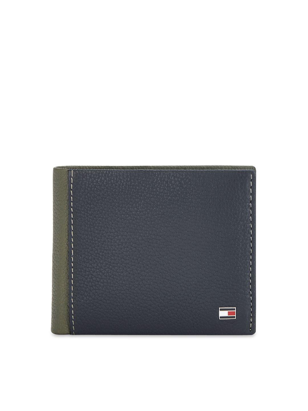 tommy hilfiger men olive green & navy blue colourblocked two fold leather wallet