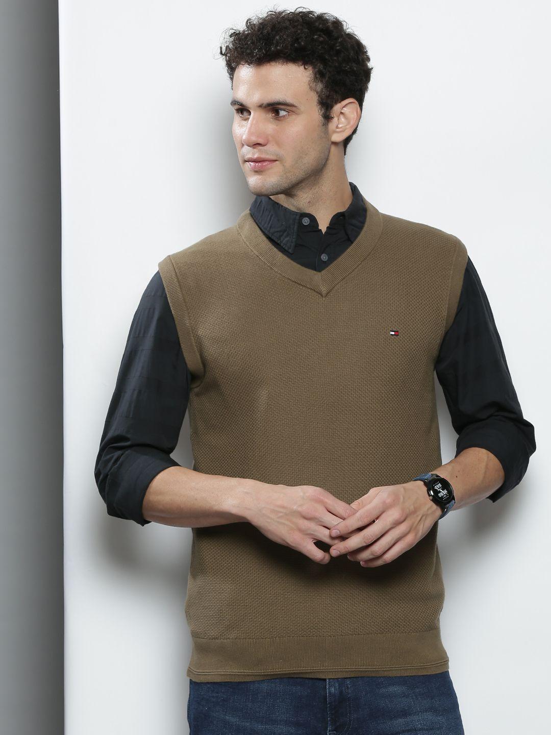 tommy hilfiger men olive green solid v-neck sweater vest