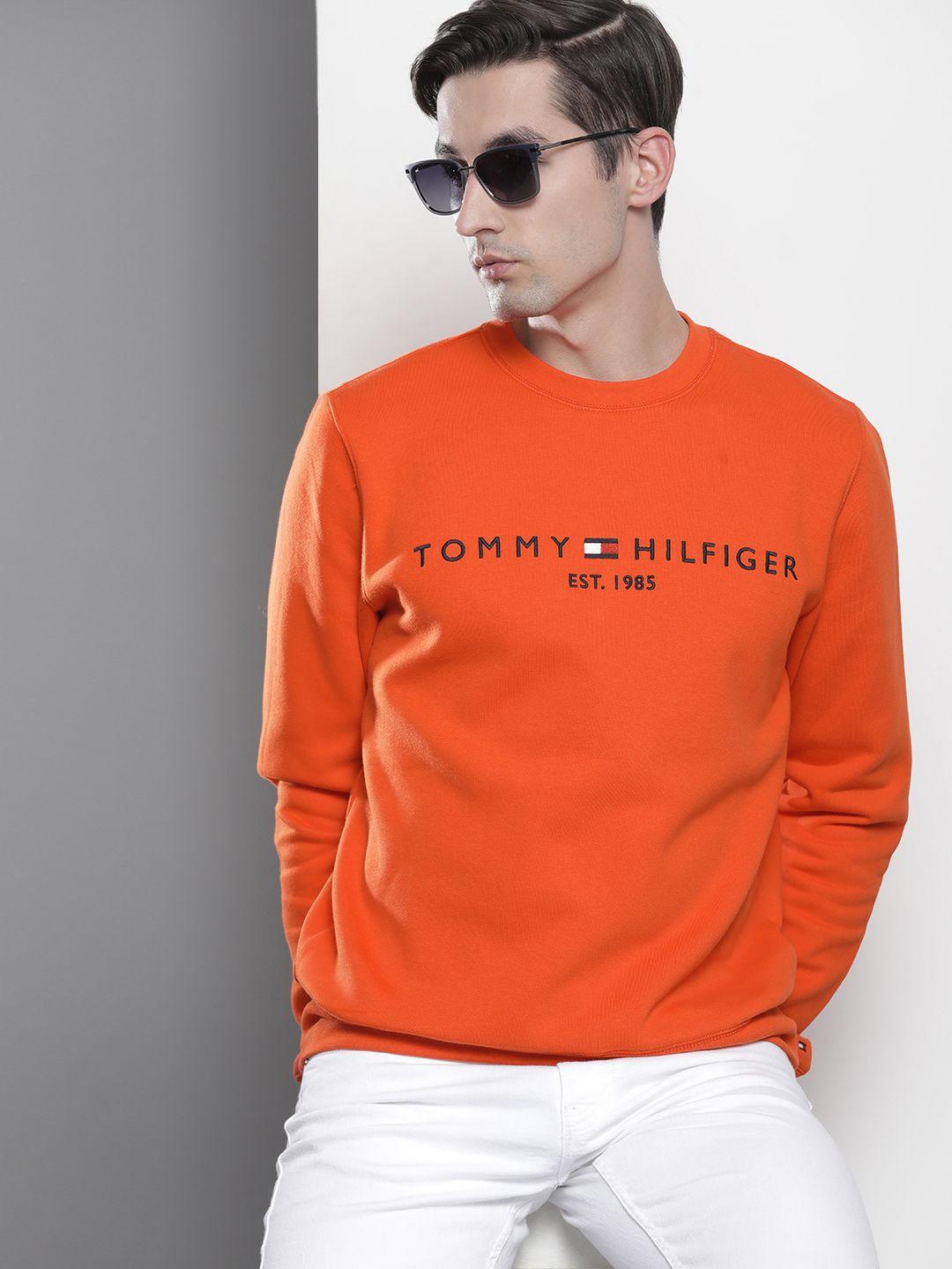 tommy hilfiger men orange brand logo embroidered pullover sweatshirt