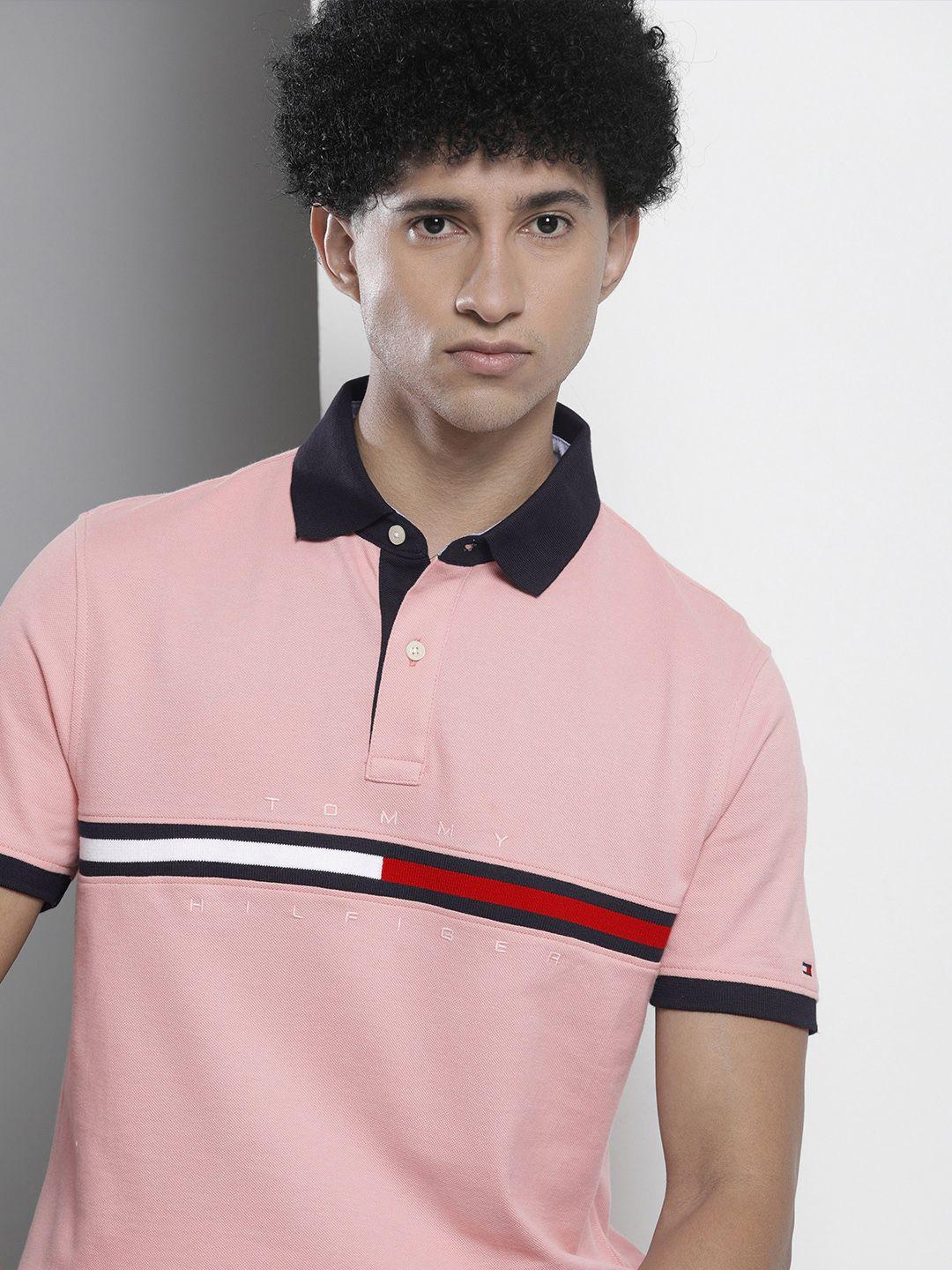 tommy hilfiger men pink & navy blue pure cotton brand logo polo collar t-shirt