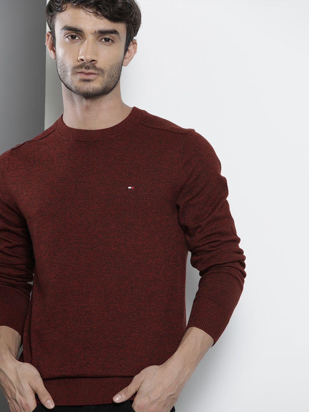 tommy hilfiger men red & black self-design pure cotton pullover sweater
