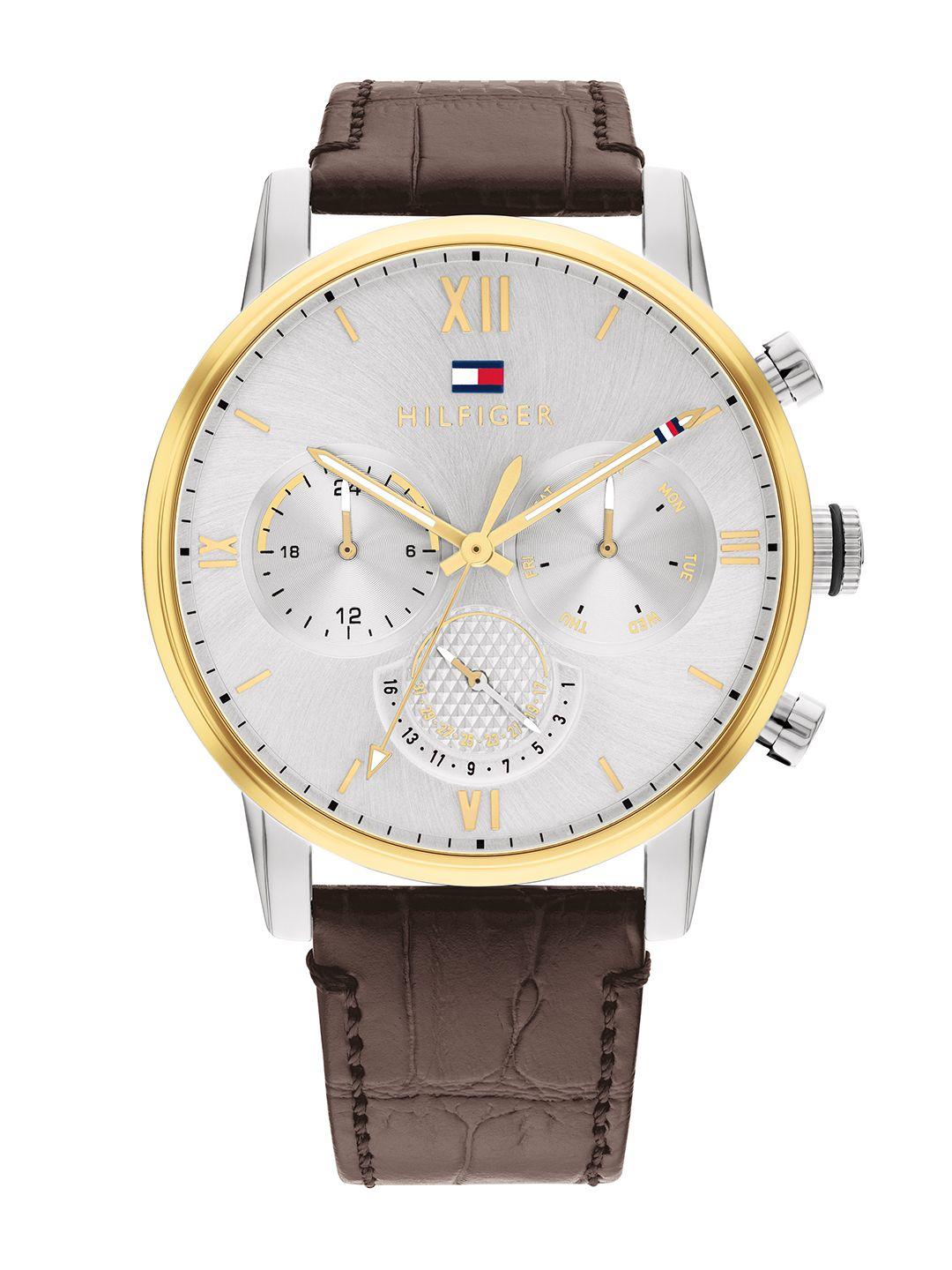 tommy hilfiger men silver-toned dial & brown leather straps analogue watch th1791884