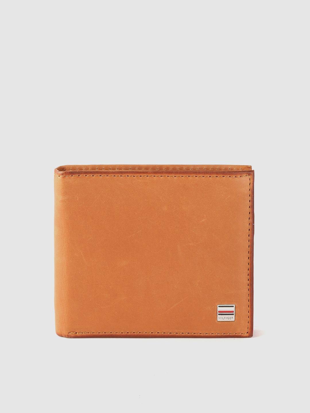 tommy hilfiger men tan brown solid leather two fold wallet
