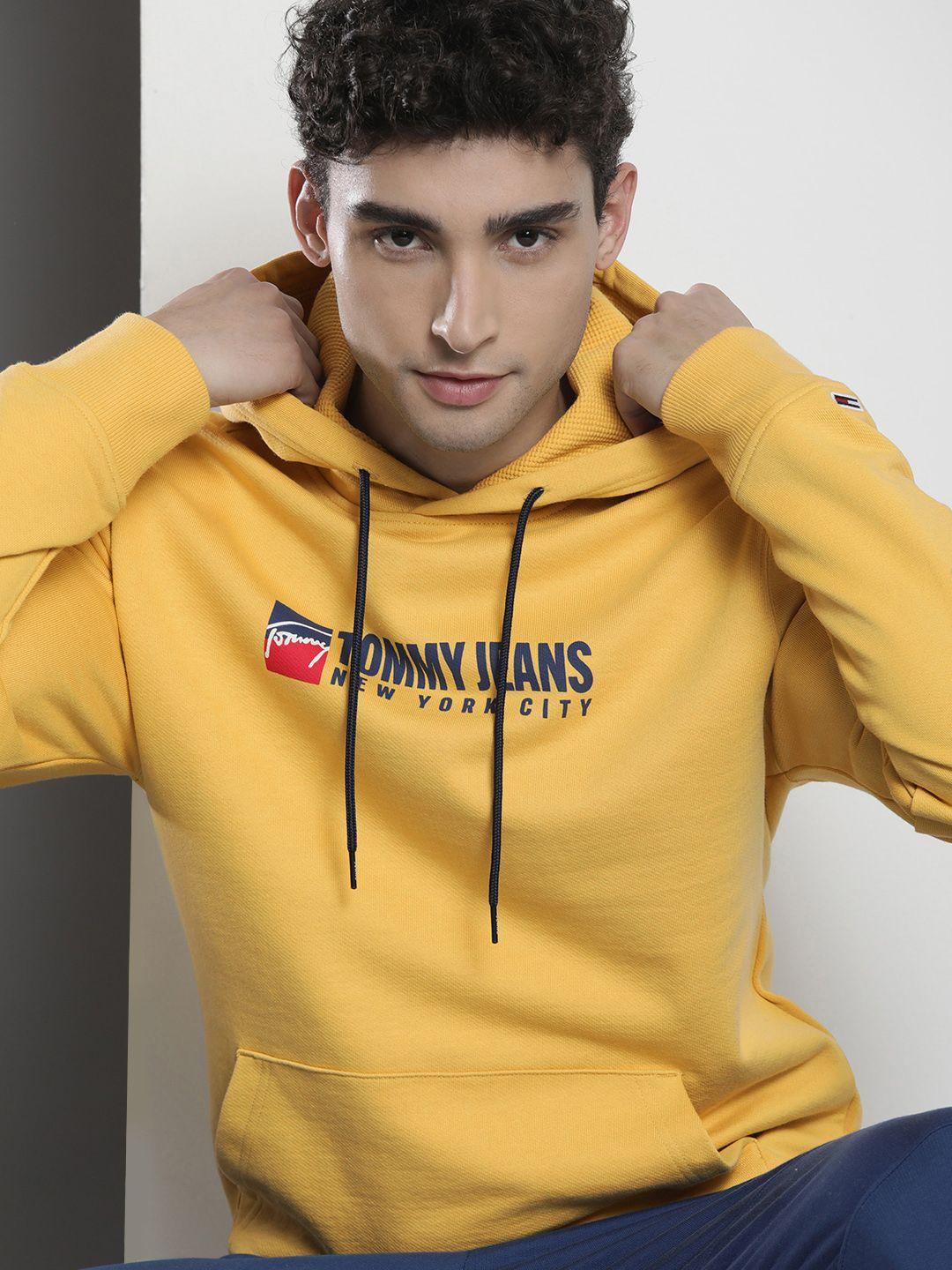tommy hilfiger men yellow applique detailed hooded casual pullover sweatshirt