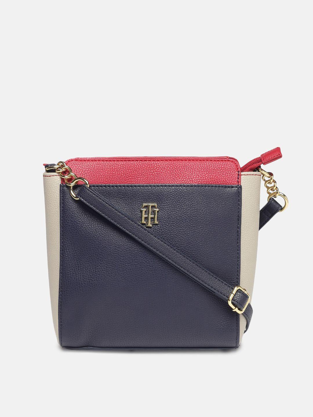 tommy hilfiger navy blue and red colourblocked structured sling bag