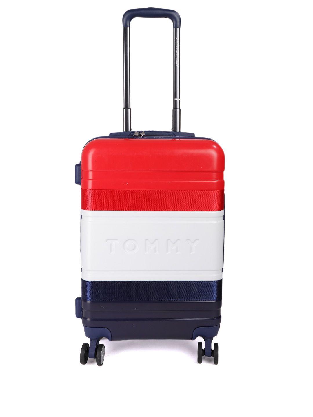 tommy hilfiger red & white 4 wheels 360-degree rotation cabin hard trolley bag