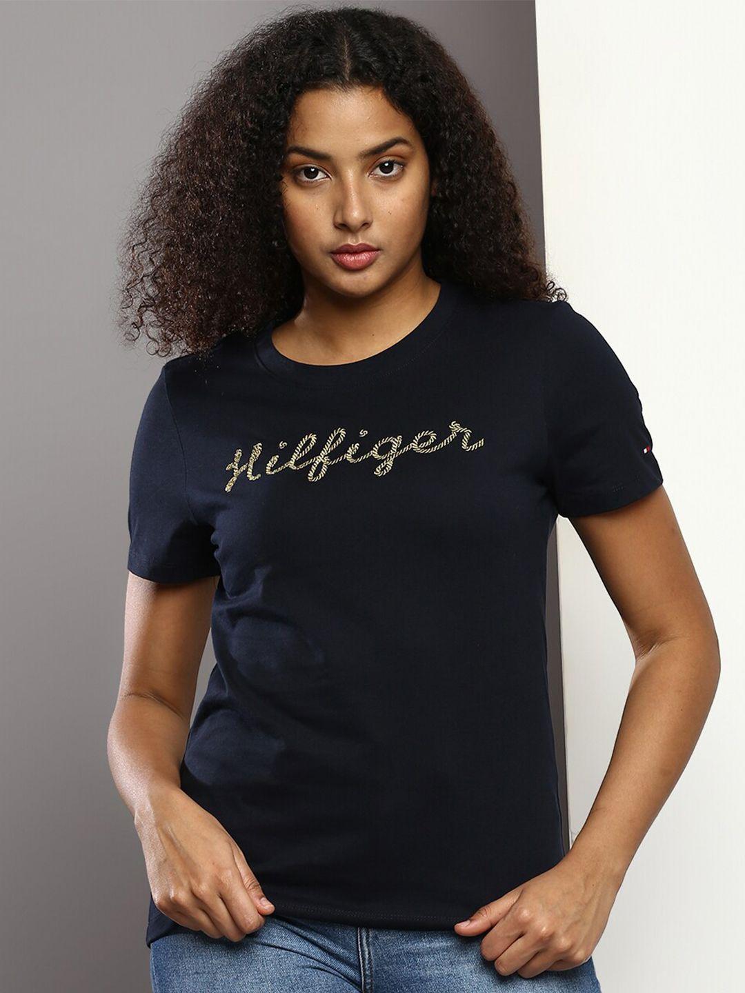 tommy hilfiger round neck typography embroidered cotton t-shirt