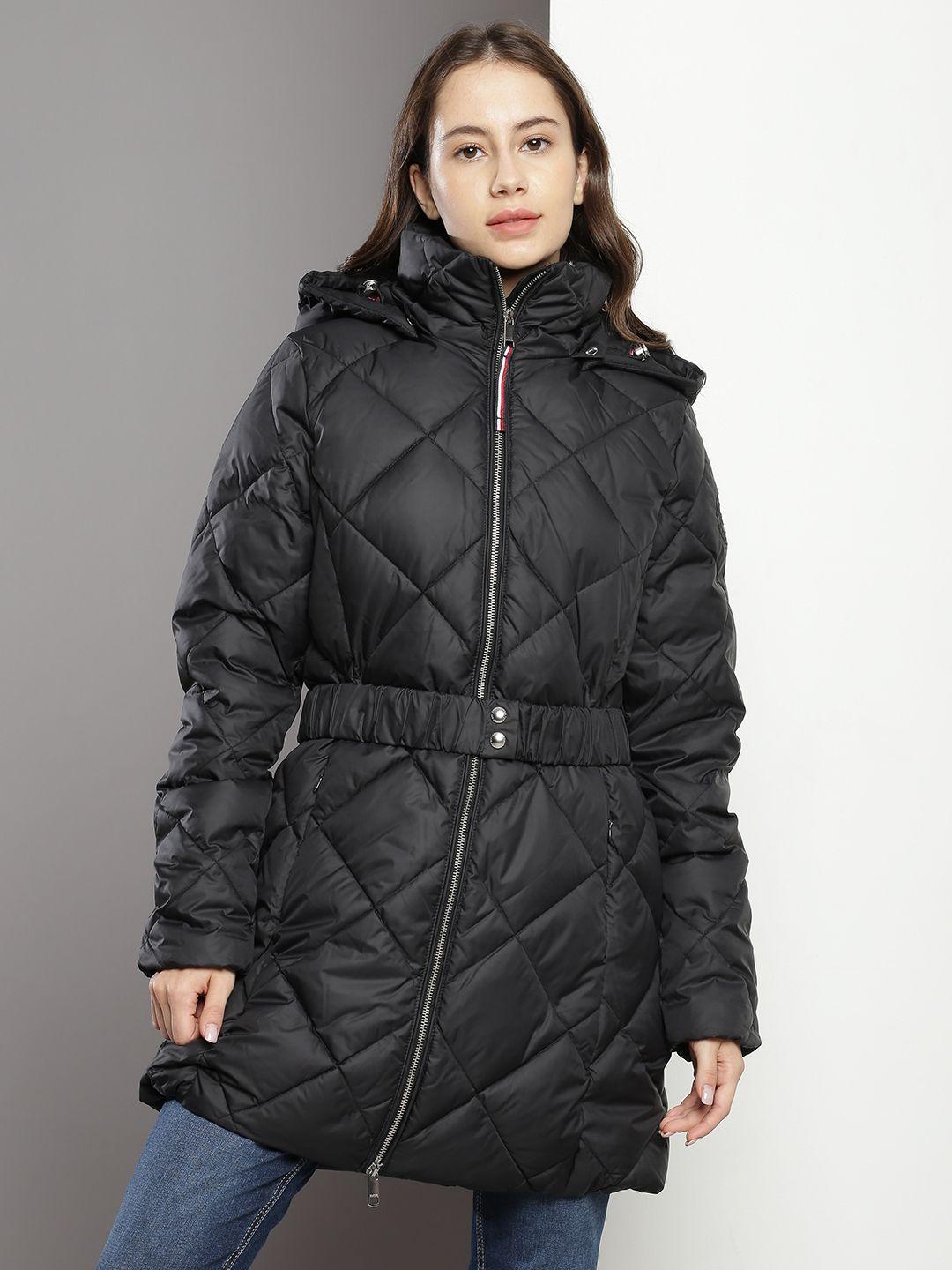 tommy hilfiger solid hooded longline quilted jacket