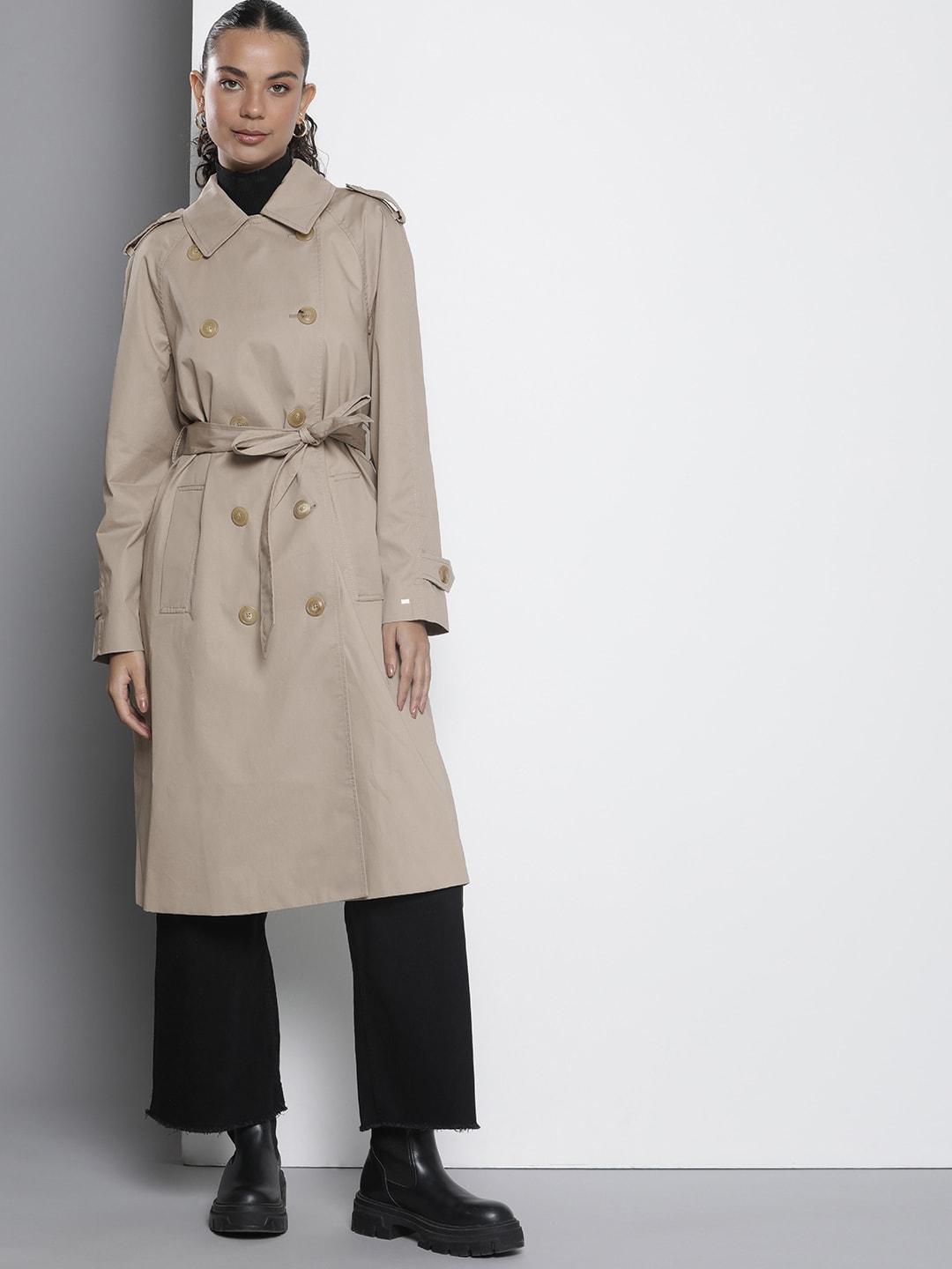 tommy hilfiger solid pure cotton double-breasted trench coat comes with a belt