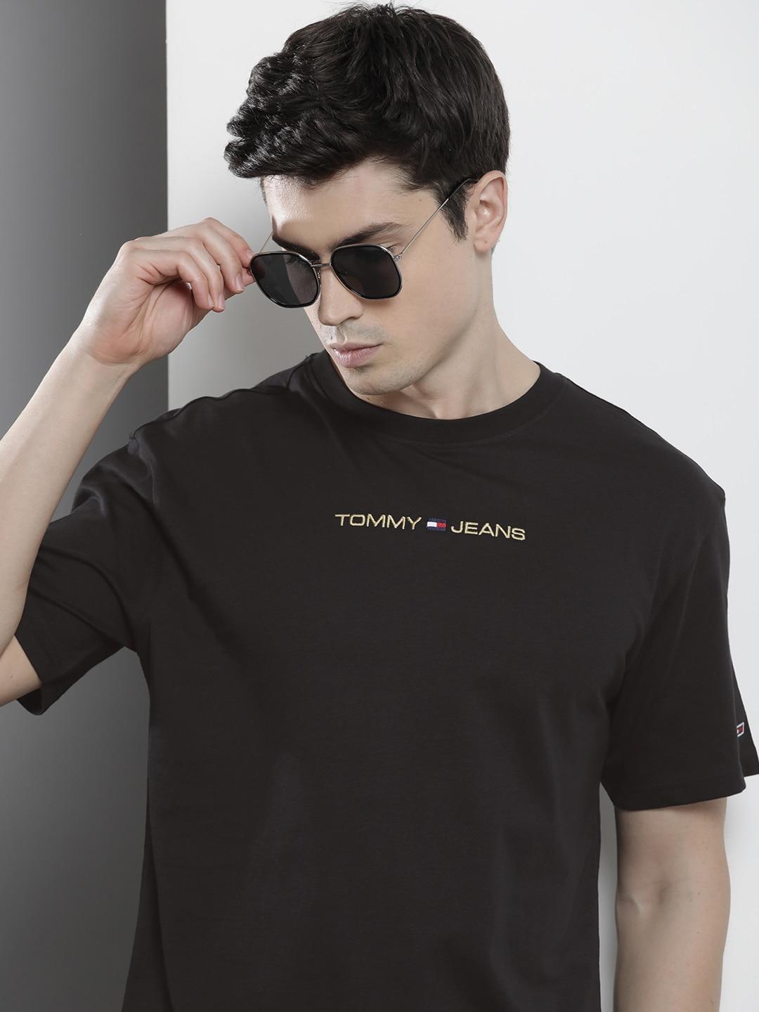 tommy hilfiger sustainable brand logo embroidered drop-shoulder sleeves cotton t-shirt